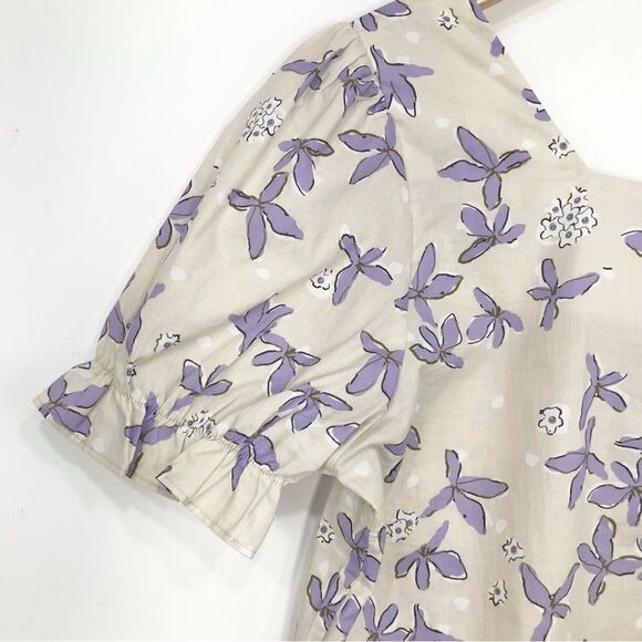 Senlis Anthropologie 100% Cotton Purple Cream Floral Puff Sleeve Blouse - Picture 9 of 15